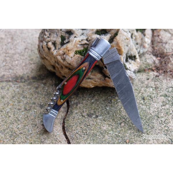 Couteau Damas Lame 128 Couches Fa�on Laguiole Abeille Manche Arlequin Tire Bouchons Fab Artisanale