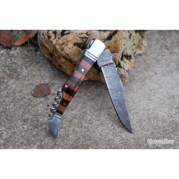 Couteau Damas Lame 128 couches Fa�on Laguiole Abeille Manche Bois Marqueterie T-Bouchons Artisanale