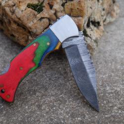 Couteau Lame Damas 128 Couches Manche Bois Arlequin Fa&ccedil;on Buck 112 Lockback Fabr Artisanale 001