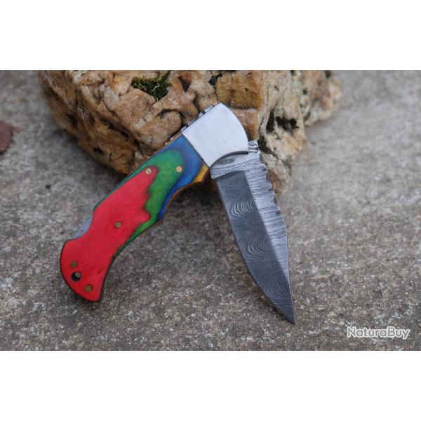 Couteau Lame Damas 128 Couches Manche Bois Arlequin Fa�on Buck 112 Lockback Fabr Artisanale 001