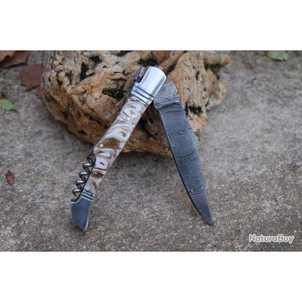 Couteau Damas Lame 128 Couches Fa�on Laguiole Abeille Manche Caramel Tire Bouchons F Artisanale