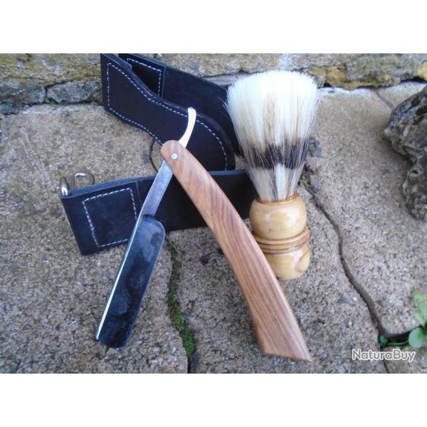 Rasage � Main Rasoir Coupe Choux Lame Carbone Shave Ready Manche Bois + Cuir Suspendu + Blaireau