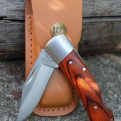Couteau Bison River Manche Bois Lame Clip Point Acier 3Cr13 S&eacute;curit&eacute; Lockback Etui Cuir
