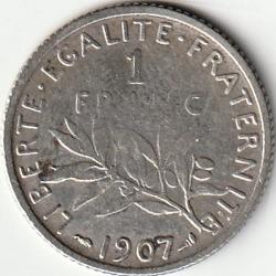 Pi&egrave;ce De Monnaie Argent  France 1 franc Semeuse 1907 Rare