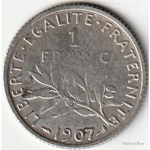 Pi�ce De Monnaie Argent  France 1 franc Semeuse 1907 Rare