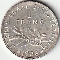 Pi&egrave;ce De Monnaie Argent  France 1 franc Semeuse 1908 Rare
