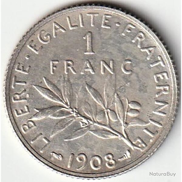 Pi�ce De Monnaie Argent  France 1 franc Semeuse 1908 Rare
