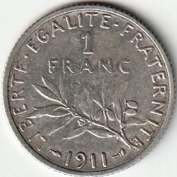 Pi&egrave;ce De Monnaie Argent  France 1 franc Semeuse 1911 Rare