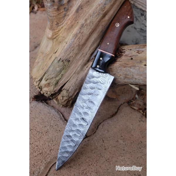 Couteau De Cuisine de Chef Lame Martel�e Acier Damas 256 Couches Manche Bois/R�sine Fab Artisanale