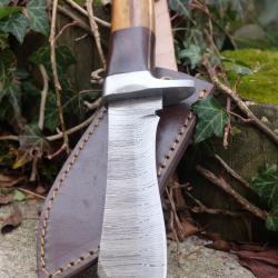 Skinner Couteau de Chasse Damas Lame 256 Couches Manche Os/Bois/Nickel Fabric Artisan Etui Cuir 003