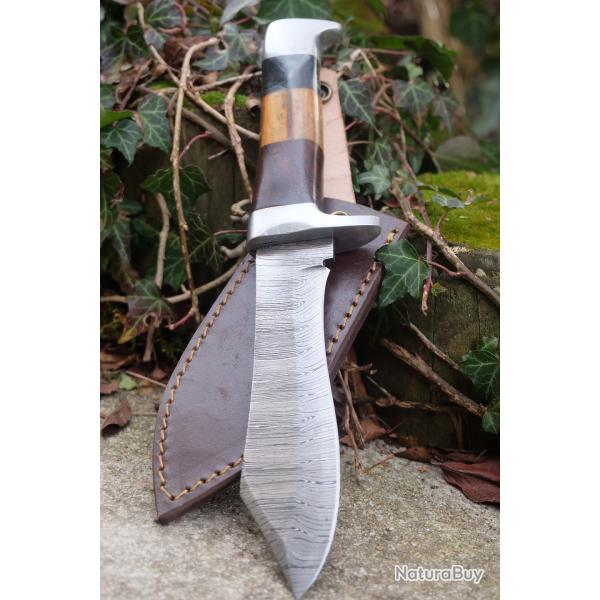 Skinner Couteau de Chasse Damas Lame 256 Couches Manche Os/Bois/Nickel Fabric Artisan Etui Cuir 003