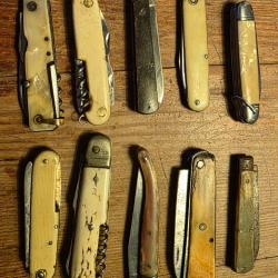 Lot de 10 couteaux pliants poign&eacute;e mati&egrave;re diverses, lames PRADEL pour 3 et 1 LAGUIOLE PARAPLUIE