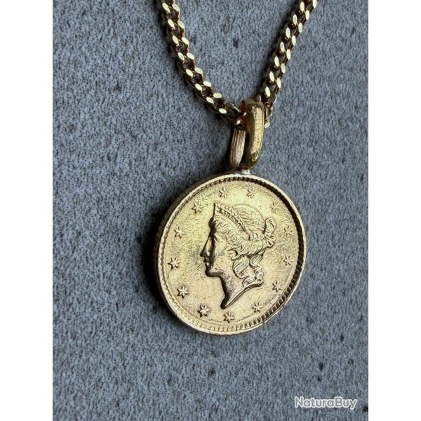 Collier en or massif 18 carat avec pendentif 1 dollars en or 1851