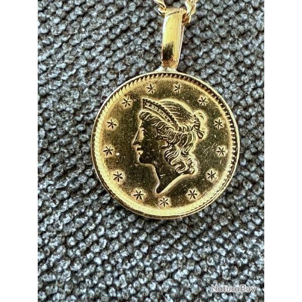 Collier en or massif 18 carat avec pendentif 1 dollars en or 1851