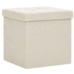 Tabouret rangement pliable faux lin blanc cr&egrave;me 38x38x38 cm si&egrave;ge coffre