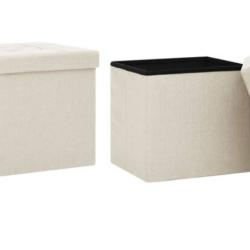 Tabouret rangement pliable faux lin blanc cr&egrave;me 38x38x38 cm si&egrave;ge coffre lot de 2