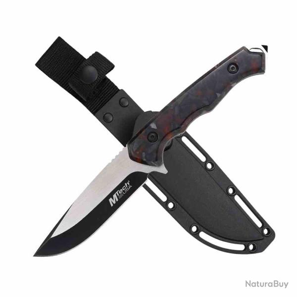 Couteau MTech Lame Drop Point Acier 3Cr13MoV Manche Red & Black Acrylic Etui ABS MTFIX006OG