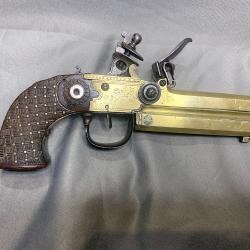 Pistolet &agrave; silex double canons bronze superpos&eacute;s d&eacute;but XIXme