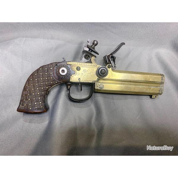 Pistolet � silex double canons bronze superpos�s d�but XIXme