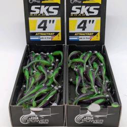 Boite 30 Leurre mont&eacute;s avec t&ecirc;te plomb 5gr 10 cm powerline sks Shad 4 vert/violet &agrave; paillettes