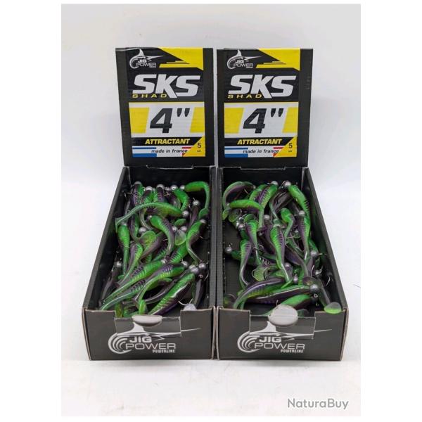 Boite 30 Leurre mont�s avec t�te plomb 5gr 10 cm powerline sks Shad 4 vert/violet � paillettes