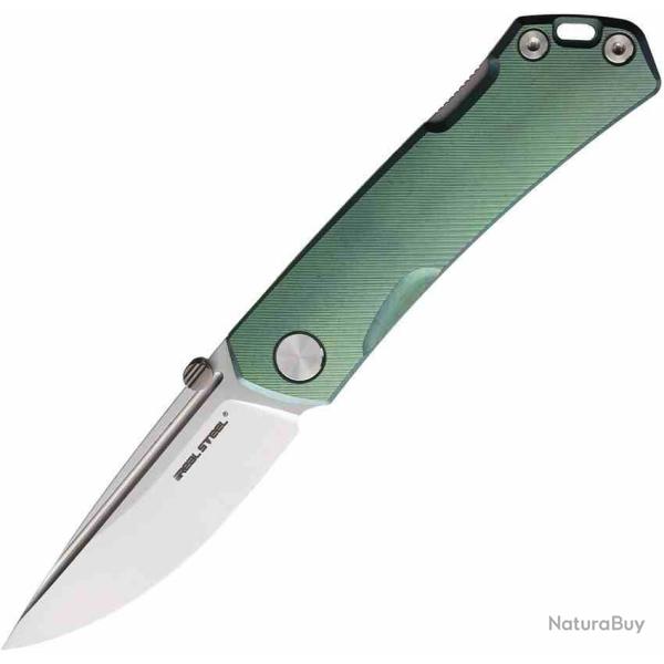 Couteau Real Steel Luna Maius Lame Drop Point Acier N690 Manche Green Titanium Lockback RS7094