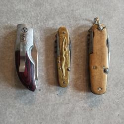 Lot de 3 couteaux pliants un de ceinture, un s&eacute;rie Sports PRADEL et un multilames ancien ISSARD