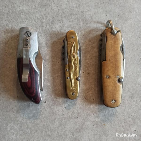 Lot de 3 couteaux pliants un de ceinture, un s�rie Sports PRADEL et un multilames ancien ISSARD