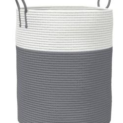 Panier rangement coton gris blanc &Oslash;38x46 cm pliable avec poign&eacute;es