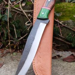 BIG Couteau Buscharft Survie Bowie Lame Acier Carbone 1075 Etui Cuir Manche 2 Bois Fabr Artisanale