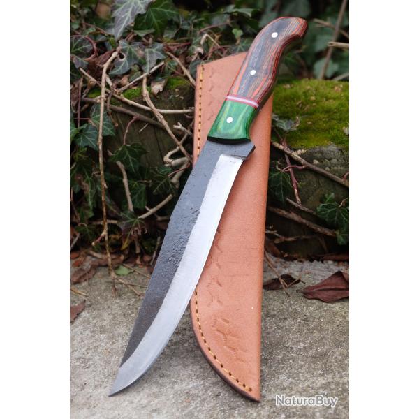 BIG Couteau Buscharft Survie Bowie Lame Acier Carbone 1075 Etui Cuir Manche 2 Bois Fabr Artisanale