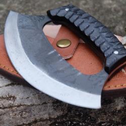 Couteau D'esquimau Ulu Inuit Lame Acier Carbone 1055 Manche Bois Usin&eacute; Etui Cuir Fabric Artisanale