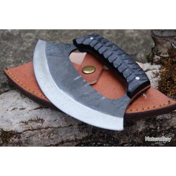 Couteau D'esquimau Ulu Inuit Lame Acier Carbone 1055 Manche Bois Usin� Etui Cuir Fabric Artisanale