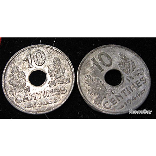 10 centimes petit module en zinc 1943 & 1944  tb+ �tat fran�ais