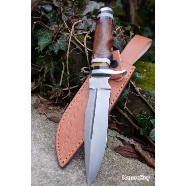 Poignard de Chasse Survie Lame Acier Carbone 1055 Manche Bois Garde Acier Etui Cuir Fabr Artisanale
