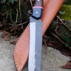 BIG Couteau Bushcraft Survie Bowie Lame Acier Carbone 1075 Etui Cuir Manche Bois R&eacute;sine Artisanale