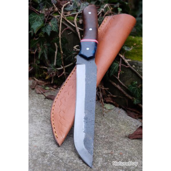 BIG Couteau Bushcraft Survie Bowie Lame Acier Carbone 1075 Etui Cuir Manche Bois R�sine Artisanale