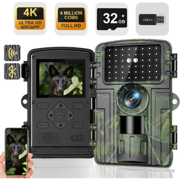 Camera Chasse WiFi Vision Nocturne Full HD 4K/60MP D�tecteur de Mouvement Carte SD 32GB �tanche IP66