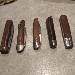 Lot de 5 couteaux pliants - 2 monolame et 2 multilames - ensemble poign&eacute;e en bois