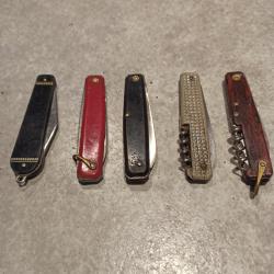 Lot de 5 petits couteaux pliants - 3 monolame dont un publicitaire PARIS - 2 multilames un pradel