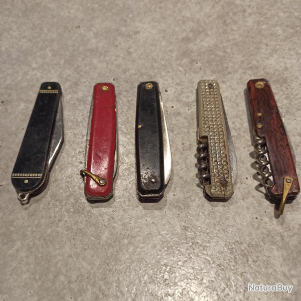 Lot de 5 petits couteaux pliants - 3 monolame dont un publicitaire PARIS - 2 multilames un pradel