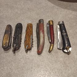 Lot de 6 couteaux pliants - 2 Laguiole monolame - un ancre de Marine 3 multilames dont 1 Victorinox