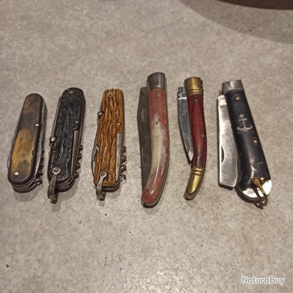 Lot de 6 couteaux pliants - 2 Laguiole monolame - un ancre de Marine 3 multilames dont 1 Victorinox