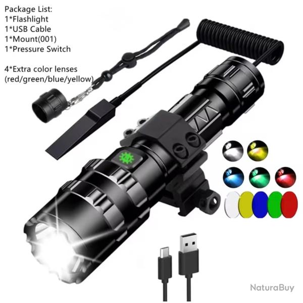 Pack lampe led tactique rechargeable avec rail dulhunting 5 couleurs en 1 . Chasse de nuit