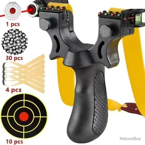 Pack lance pierre / Fronde de chasse noir avec laser, cibles, elastiques et billes en metal (