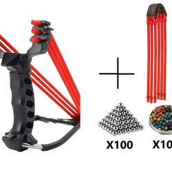 Pack Fronde de chasse / lance pierre F3X en m&eacute;tal avec support poign&eacute;e et un elastique de rechange