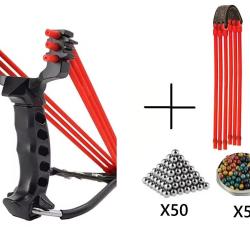 Pack Fronde de chasse / lance pierre F3X en m&eacute;tal avec support poign&eacute;e et un elastique de rechange