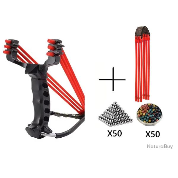 Pack Fronde de chasse / lance pierre F3X en m�tal avec support poign�e et un elastique de rechange