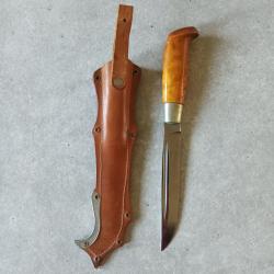 Couteau finlandais PUUKKO d'origine, poign&eacute;e bouleau madr&eacute; de Car&eacute;lie - dans son &eacute;tui en cuir