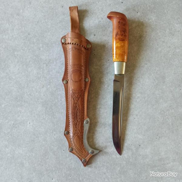 Couteau finlandais PUUKKO d'origine, poign�e bouleau madr� de Car�lie - dans son �tui en cuir